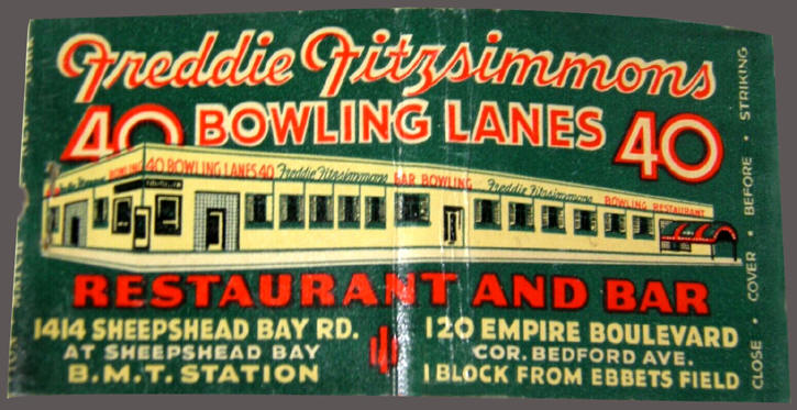 Brooklyn Dodgers Freddie Fitzsimmons Bowling Lanes Matchbook Cover